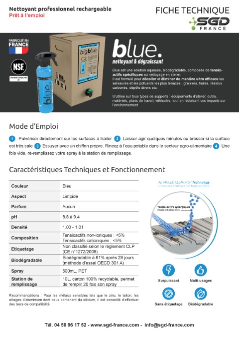 Fiche technique Big Blue : nettoyant professionnel rechargeable